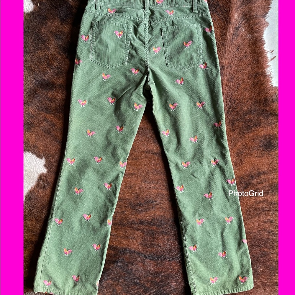 J. Crew Green Corduroy Boot-Cut Pants with Pink & Orange Embroidered Chickens - Picture 5 of 7